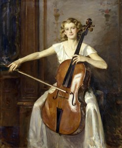 Muotokuva Florence Hootonista, joka soittaa selloa. Kirjailija: Wilfred de Glehn