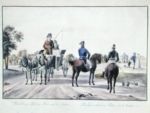 Ratsastus Prater Parkissa, Wienissä, kaiverrus Adam von Bartsch (1757-1821) 1804 (värillinen kaiverrus) tekijältä Wilhelm Alexander (after) Kobell