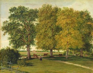Herder karjan kanssa syksyisten puiden alla, n. 1821 (öljy paperille asetettu pahville)