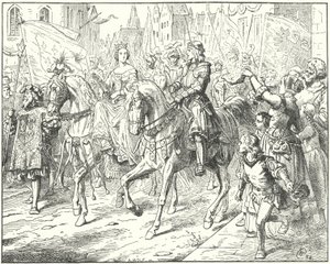 Arkkiherttua Maximilian, tuleva Pyhän Rooman keisari Maximilian I morsiamensa, Burgundin Marian, kanssa Gentissä tekijältä Wilhelm Camphausen