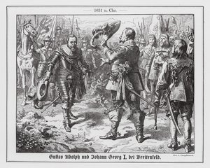 Ruotsin kuningas Kustaa Aadolf ja Saksin kruununvalitsija Johannes Yrjö I ennen Breitenfeldin ensimmäistä taistelua. tekijältä Wilhelm Camphausen