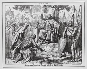 Saksien ruhtinaiden alistuminen Pyhän Rooman keisari Henrik IV:lle Spirassa.