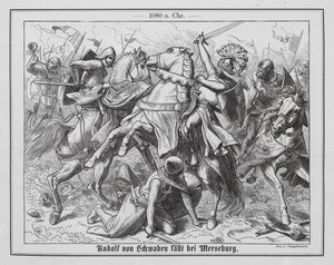 Kapinallinen Schwabenin herttua Rudolf haavoittuu kuolettavasti Elsterin taistelussa.