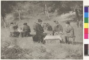 Metsästysseurue - keisari Franz Joseph pöydässä Baijerin prinssi Leopoldin ja Toscanan suurherttua Ferdinand IV:n kanssa. tekijältä Wilhelm Gause