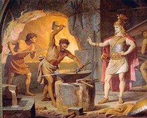 Sigurd menee kääpiö Mimeen luo, Sigurd Sagasta, Alahalli, n. 1882-83 (seinämaalaus)