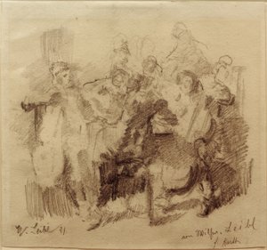 Luonnos "The Table Company" -elokuvaan sellonsoittajan kanssa tekijältä Wilhelm Maria Hubertus Leibl