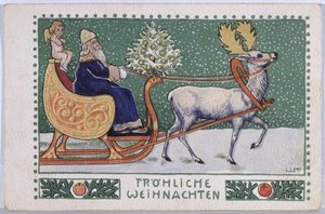 Postikortti, joka kuvaa joulupukkia rekillään, n. 1910