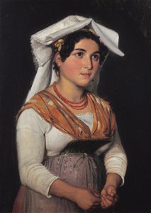 Nuori, seisova italialainen nainen, kädessään rukousnauha.