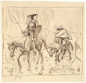 Don Quijote ja Sancho Panza ratsastavat kaatosateessa