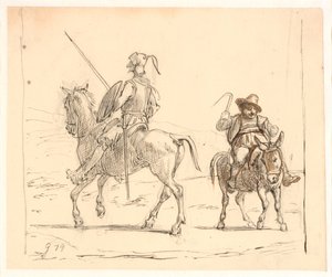 Don Quijote ajaa vasemmalle, Sancho Panza oikealle tekijältä Wilhelm Marstrand