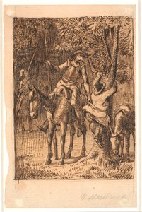 Ennen taistelua peiliritarin kanssa Don Quijote auttaa Sancho Panzan nostamaan puuta tekijältä Wilhelm Marstrand