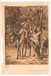 Ennen taistelua peiliritarin kanssa Don Quijote auttaa Sancho Panzan nostamaan puuta tekijältä Wilhelm Marstrand