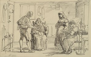 Interior on un jove explica alguna cosa a un monjo assegut, és a dir. nena plorant i vella dona finlandesa tekijältä Wilhelm Marstrand