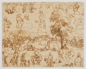 Landschaft mit Pferdewagen und zahlreichen Figurenskizzen tekijältä Wilhelm Marstrand