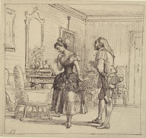 Rosina antaa Figarolle kirjeen kreivi Almavivalle. (Sevillan parturi)
