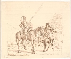 Sancho aasilla selittää jotain Don Quijotelle