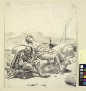 Nukkuva tyttö ja vanha kalastaja rannalla tekijältä Wilhelm Marstrand