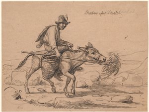 "Ihanteen tavoittelu". Italialainen aasiratsastaja ajaa eläimen eteenpäin pitämällä heinänpyyhkettä tangossa sen kuonolla tekijältä Wilhelm Marstrand