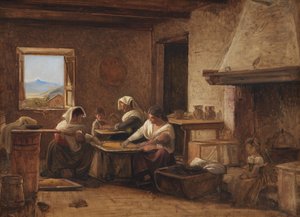 Naiset työskentelevät maalaistalon keittiössä lähellä Olevanoa, Italia tekijältä Wilhelm Marstrand
