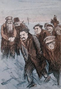 Karikatyyri Leon Trotskysta (1879-1940) Siperiassa, Simplicissimus-lehdestä, tammikuu 1928 (värilitho)