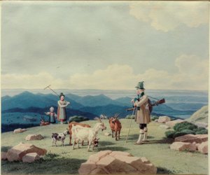 Metsästäjä meijerineidon ja lapsen kanssa Hirschbergillä tekijältä Wilhelm von Kobell
