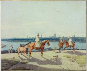 Ratsastajat Isar-joen rannalla Münchenin edessä tekijältä Wilhelm von Kobell