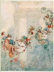 Kiekko: Hänellä ei ole koskaan ollut niin suloinen vaihtaja, pubista A juhannusyöten unelma. 1914. tekijältä Wiliam Heath Robinson