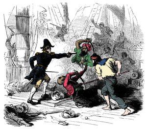 Taistelevat algerialaisia merirosvoja vastaan Kaiverrus teoksesta 