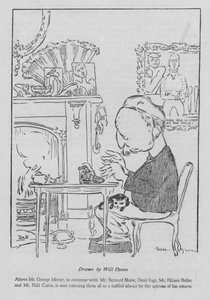 George Moore, irlantilainen kirjailija, joka työskentelee kirjoituskoneessaan (litho)