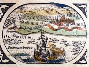 Brasilia, näkymä Pernambucoon (Recife), W. G. Blaeun Atlas, Amsterdam 1600. tekijältä Willem Blaeu