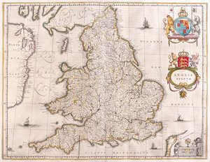 Englanti, julkaisussa "Theatrum Orbis Terrarum, sive Atlas Novus", kirjoittanut Willem Blaeu, Amsterdam.