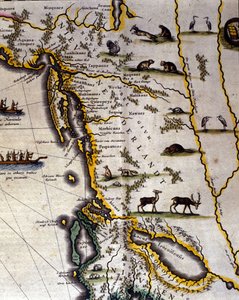 Wilhelm Blaeun (1571–1638) maantieteellinen kartta 1600-luvun Hollannin atlasista, joka näyttää Amerikan ja Kanadan alueita turkiseläinkansoja. Pohjoinen on alapuolella keskiaikaisen tavan mukaan. tekijältä Willem Blaeu