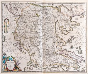 Kreikka, Makedonia, Albania, Willem Blaeun teoksessa "Theatrum Orbis Terrarum, sive Atlas Novus", Amsterdam. tekijältä Willem Blaeu
