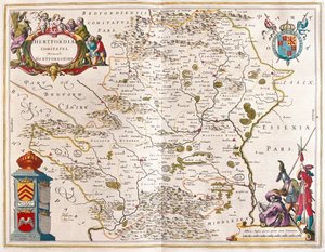 Hertford shire, Willem Blaeun teoksessa "Theatrum Orbis Terrarum, sive Atlas Novus", Amsterdam.