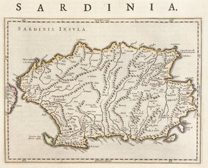 Sardinian saari, Italia, Willem Blaeun teoksessa "Theatrum Orbis Terrarum, sive Atlas Novus", Amsterdam. tekijältä Willem Blaeu