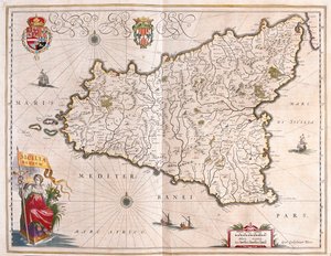 Sisilian saari, Italia, Willem Blaeun teoksessa "Theatrum Orbis Terrarum, sive Atlas Novus", Amsterdam. tekijältä Willem Blaeu