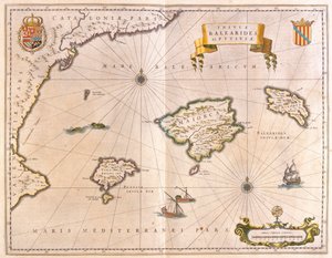 Mallorca, Menorca ja Ibiza, mukaan lukien Katalonian ja Valencian rannikot, Willem Blaeun Amsterdamissa julkaisemassa teoksessa "Theatrum Orbis Terrarum, sive Atlas Novus". tekijältä Willem Blaeu
