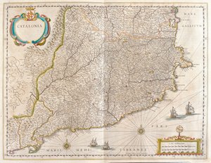 Katalonian maakunta, Espanja, Willem Blaeun "Theatrum Orbis Terrarum, sive Atlas Novus" -teoksessa, Amsterdam. tekijältä Willem Blaeu