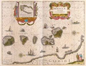 Maustesaaret ja Bachianin saari (Batjan), teoksessa "Theatrum Orbis Terrarum, sive Atlas Novus", Willem Blaeu, Amsterdam. tekijältä Willem Blaeu