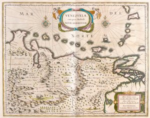 Venezuela, Trinidad, Tobago, Tortuga, Antillit , Karibianmeri, Willem Blaeun julkaisussa "Theatrum Orbis Terrarum, sive Atlas Novus", Amsterdam. tekijältä Willem Blaeu