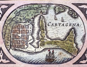 Näkymä Cartagenasta Kolumbiassa (Etelä-Amerikka). Yksityiskohta Willem Janszoon Blaeun (1571-1638) Atlas "" Le Theater du Monde" -kartasta tekijältä Willem Blaeu