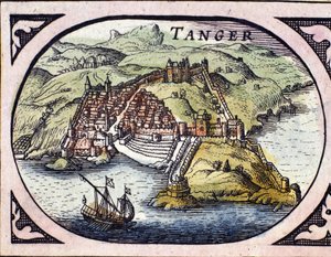 Näkymä Tangerin linnoituskaupunkiin ja rannikolle, Marokko. Kartta W. G. Blaeun hollantilaisesta atlaksesta, Amsterdam. tekijältä Willem Blaeu