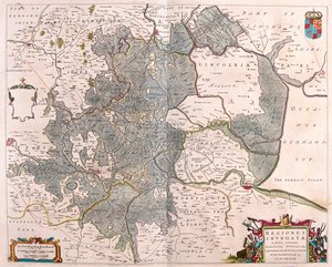 Norfolkin, Suffolkin, Huntingtonin, Northamptonin, Cambridgen ja Lincolnin "tulva-alueet", Willem Blaeun teoksessa "Theatrum Orbis Terrarum, sive Atlas Novus", Amsterdam. tekijältä Willem Blaeu