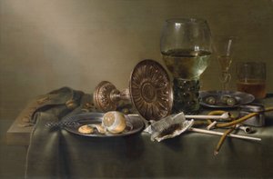 Asetelma lasien ja tupakan kanssa tekijältä Willem Claesz. Heda