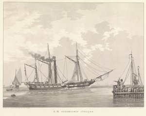 Mela höyrylaiva laiturilla Z.M. Steamship Curaçao (otsikko esineessä)