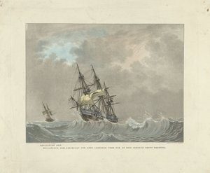 Veler sobre onades altes Afegint maó. Fragata de guerra holandesa corrent per a foc i acabat de gran mansail d
