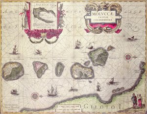 Molukkisaaren kartta, kaiverrus Jodocus Hondius, 1630 (värikaiverrus)