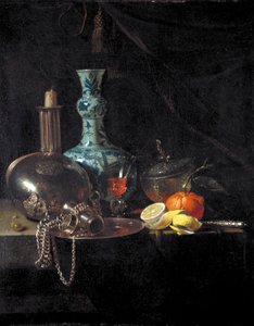 "Asetelma pyhiinvaelluspullolla, kynttilänjalka, posliinimaljakko ja hedelmä", 1600-luku tekijältä Willem Kalf