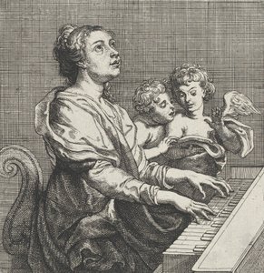 Saint Cecilia soittaa urkuja kahdella putilla oikealla, n. 1631.
