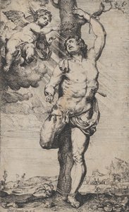 Pyhän Sebastianin marttyyrikuolema, enkelit kruunasivat hänet vasemmassa yläkulmassa, n. 1620-32.. tekijältä Willem Panneels